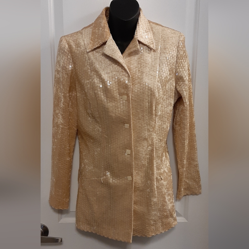 Women's Square Sequin Jacket Button Down All Over Pattern Size Small Pockets